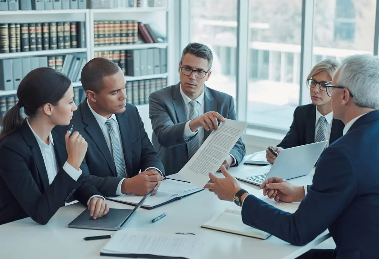 Stemovereenkomsten buiten de statuten om: toegestaan of risicovol? 3 Zakelijke professionals in een vergaderruimte bespreken juridische documenten aan een tafel.