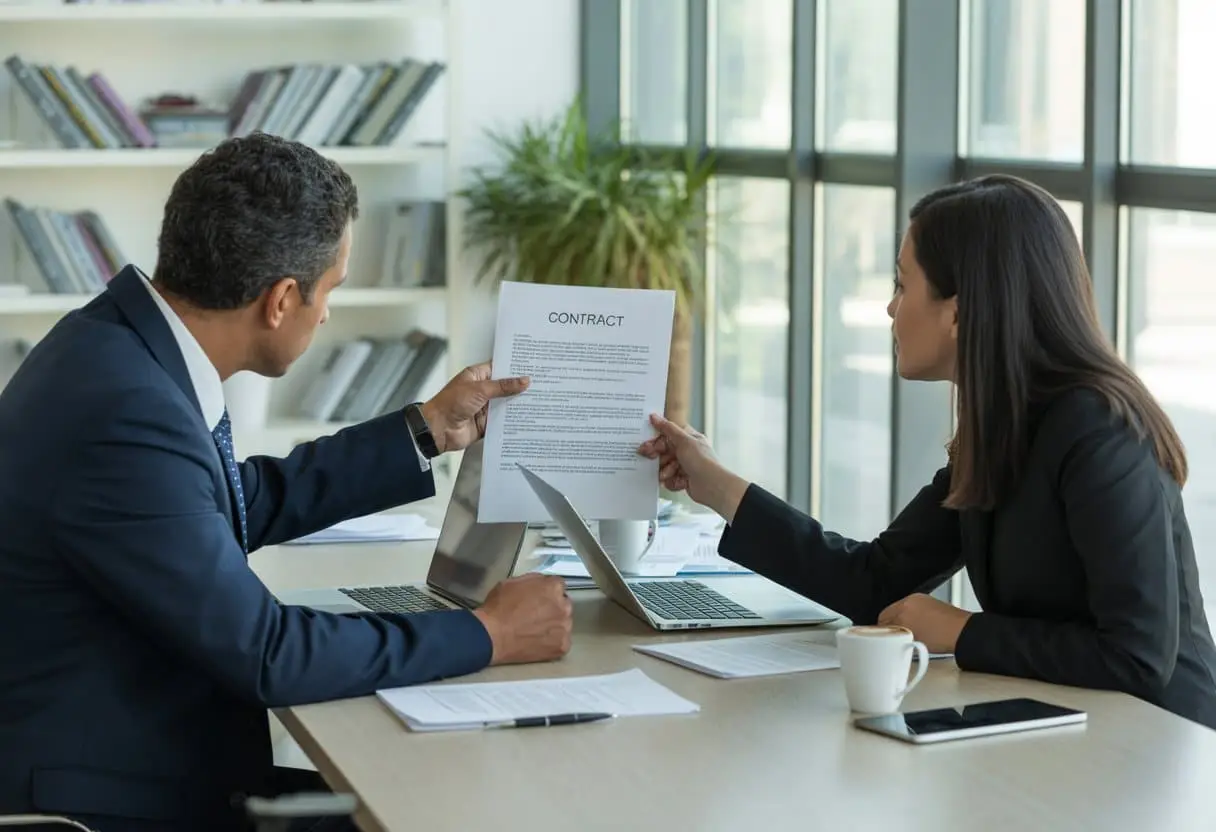 Joint venture starten: welke clausules mogen in het contract niet ontbreken? 1 Twee zakelijke professionals bespreken een contract aan een vergadertafel in een kantoor.