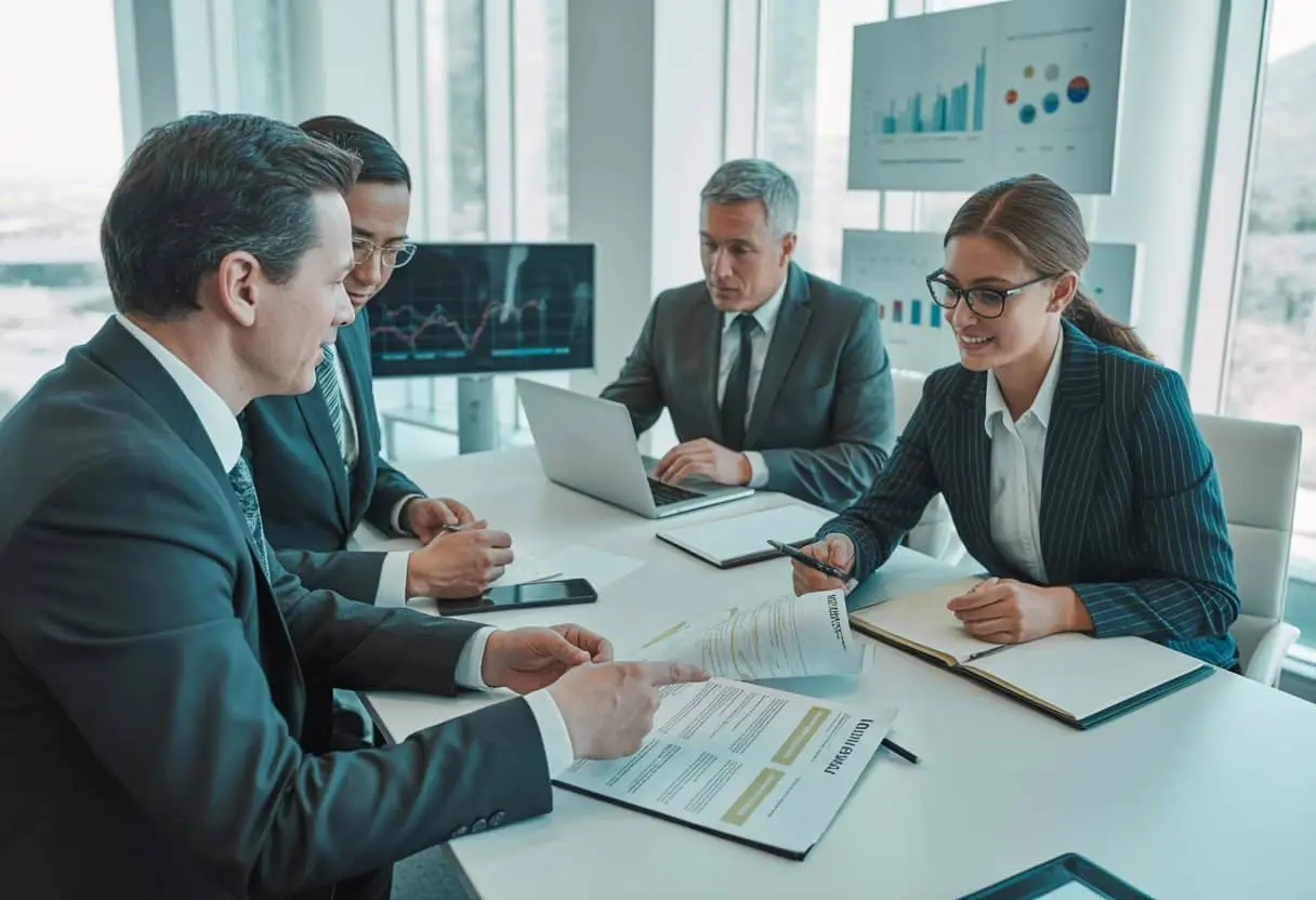 Joint venture starten: welke clausules mogen in het contract niet ontbreken? 2 Vier zakelijke professionals zitten rond een tafel en bespreken een contract in een kantoor met uitzicht op de stad.