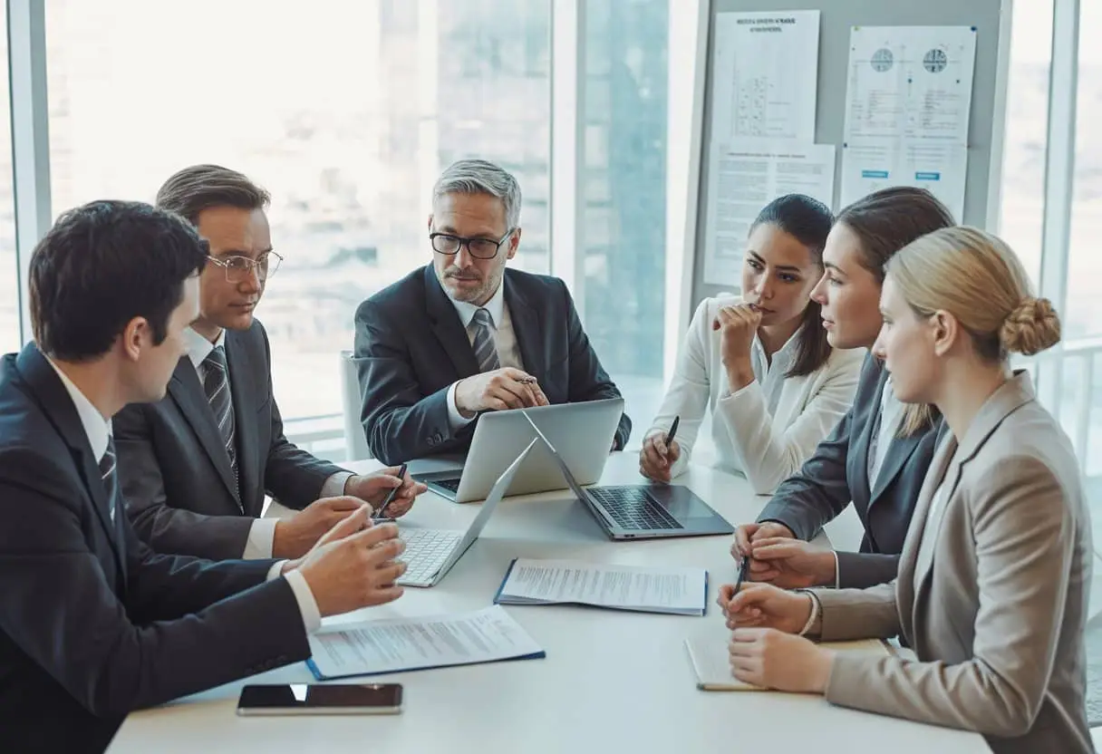 Joint venture starten: welke clausules mogen in het contract niet ontbreken? 3 Een groep zakelijke professionals die rond een vergadertafel zitten en contracten bespreken in een kantoor met uitzicht op de stad.