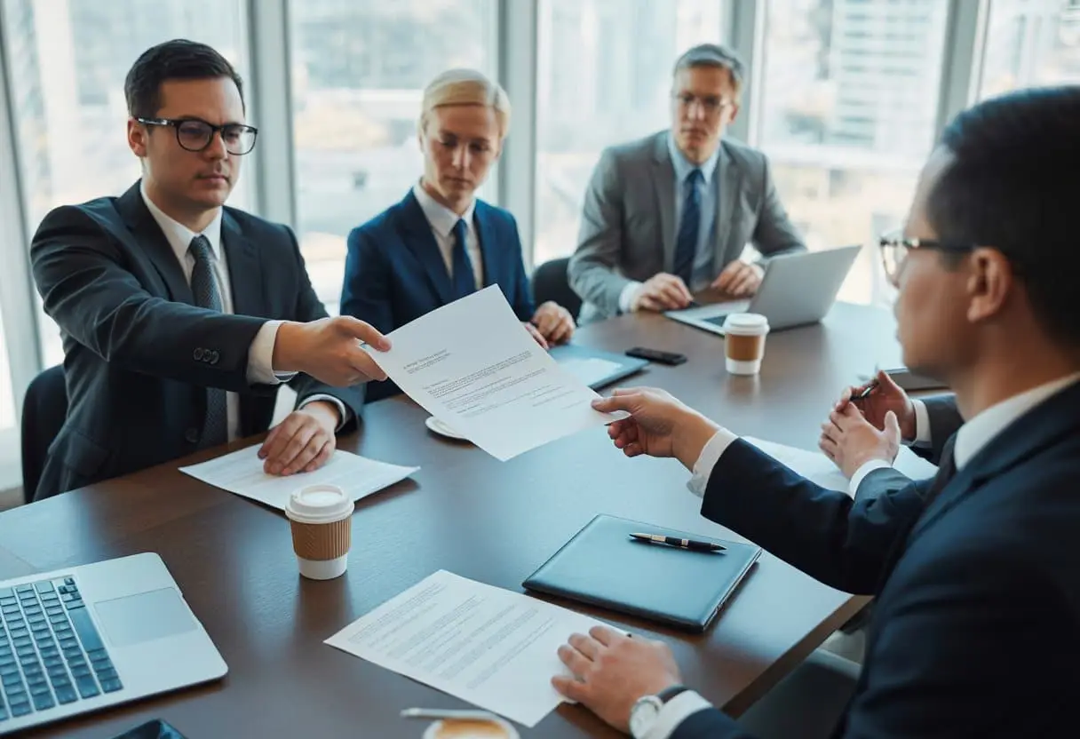 Zakelijke bijeenkomst in een moderne vergaderruimte waar professionals documenten uitwisselen tijdens een bespreking over een overname.