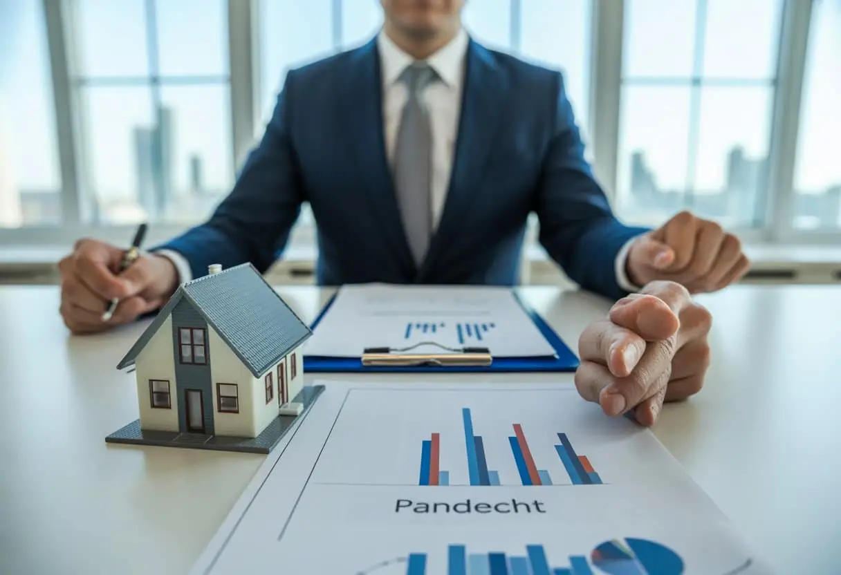 Een zakelijke persoon bekijkt financiële documenten aan een bureau met symbolen voor hypotheek, pandrecht en persoonlijke borgtocht in een modern kantoor.