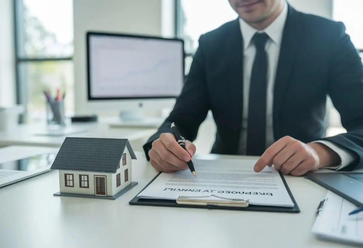Een zakelijke persoon zit aan een bureau in een modern kantoor en bekijkt financiële documenten met symbolen voor hypotheek, pandrecht en persoonlijke borgtocht.