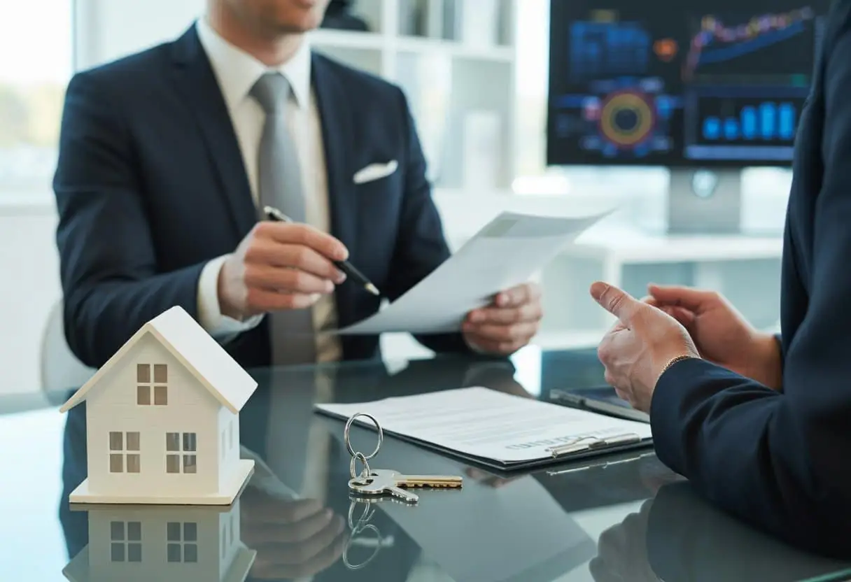 Twee zakelijke mensen bespreken financiële zekerheden aan een vergadertafel met een modelhuis en documenten.