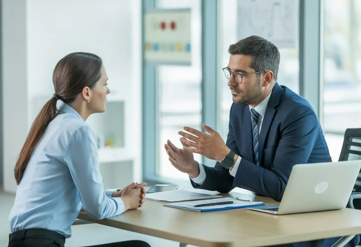 Een werknemer en werkgever zitten tegenover elkaar aan een bureau in een kantoor en voeren een serieus gesprek over ziekteverzuim.