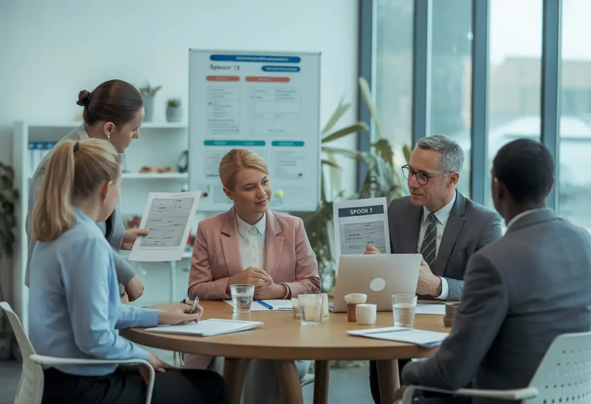 Re-integratie bij langdurige ziekte: Rechten en plichten in spoor 1 en 2 1 Een groep professionals in een kantoor, in gesprek over re-integratie na langdurige ziekte.