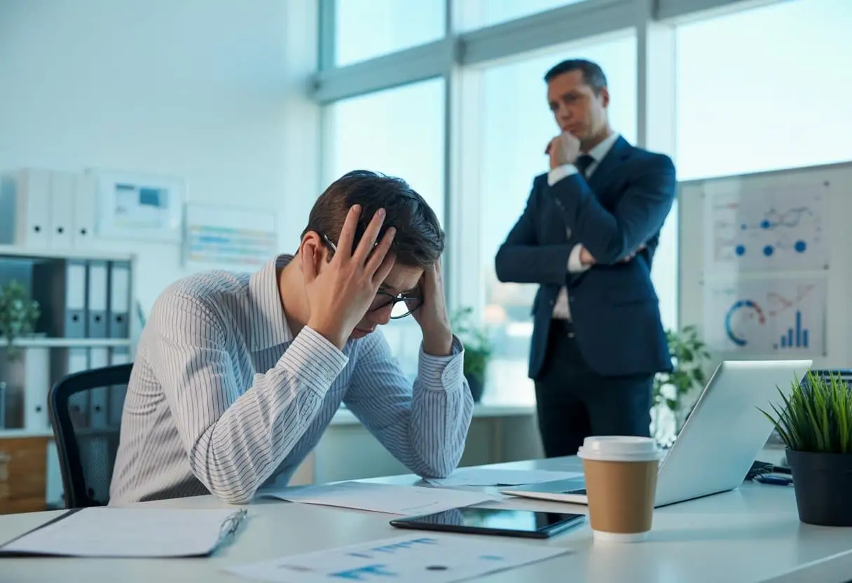 Een werknemer zit gestrest aan een bureau met het hoofd in de handen, terwijl een bezorgde manager op de achtergrond toekijkt in een kantooromgeving.