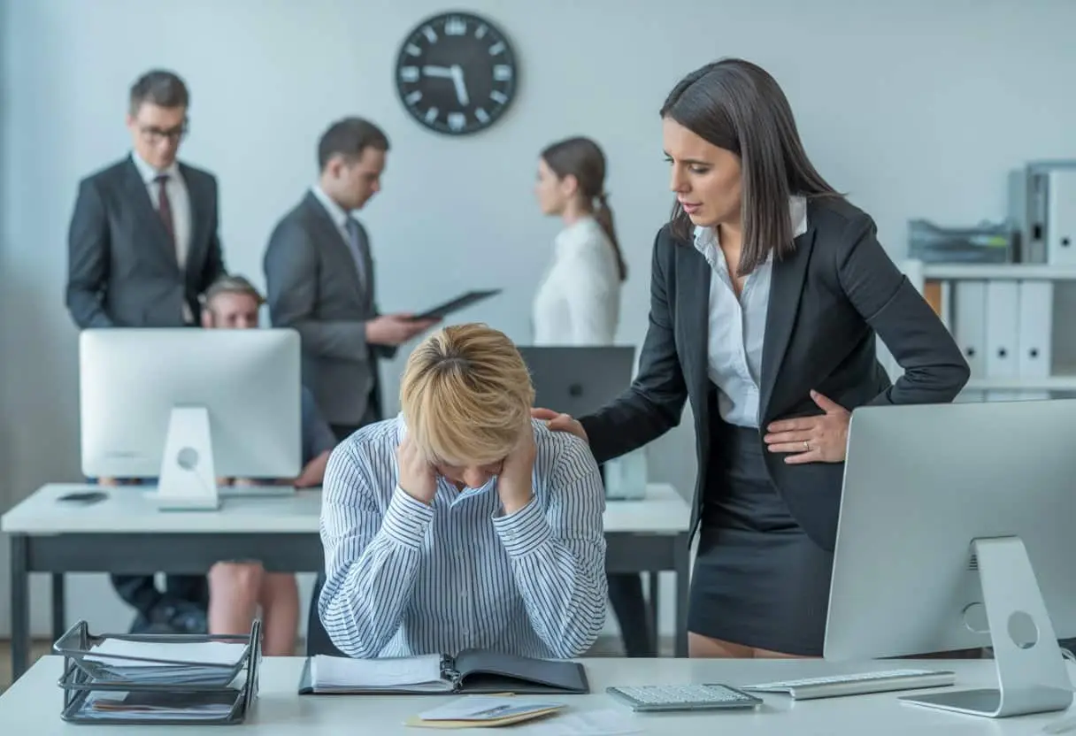 Een kantooromgeving waar een gestreste werknemer wordt benaderd door een bezorgde manager.