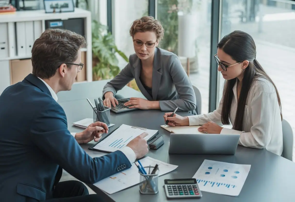 Drie professionals in een moderne kantoorruimte bespreken juridische verschillen tussen payroll, uitzendkracht en zzp’er aan een vergadertafel.