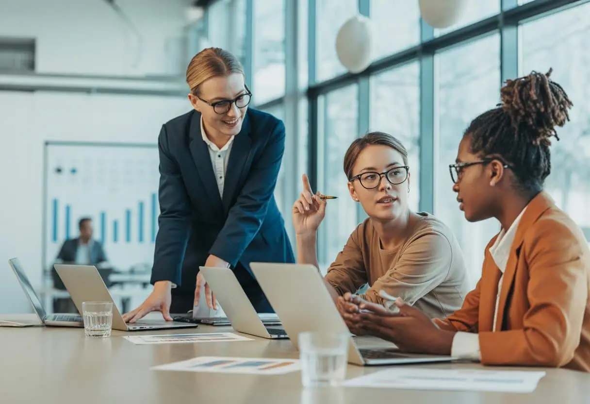 Drie professionals praten samen aan een vergadertafel in een kantoor, elk vertegenwoordigt een ander type werknemer.