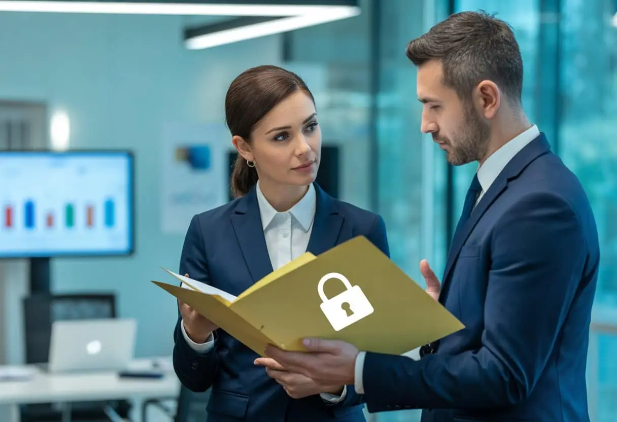 Twee zakelijke professionals in een moderne kantooromgeving bespreken vertrouwelijke documenten tijdens een serieus gesprek.
