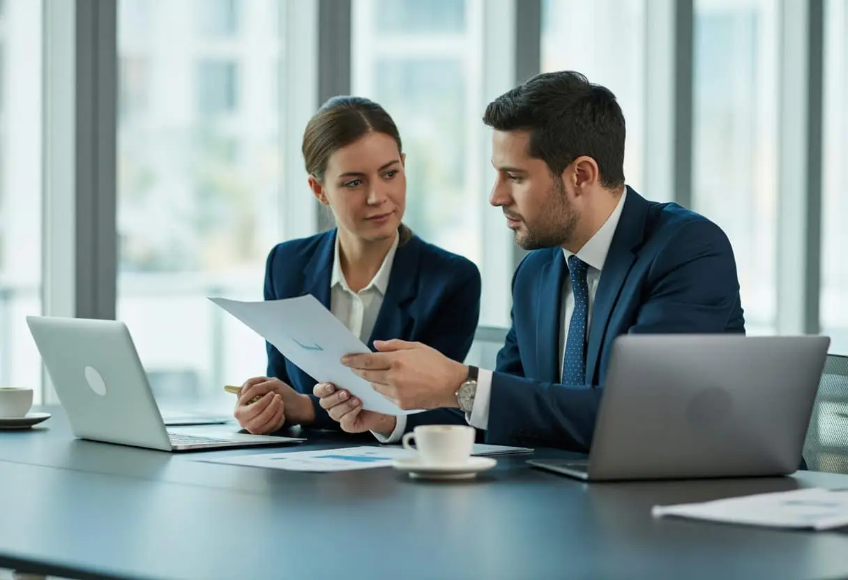 Twee zakelijke professionals bespreken vertrouwelijke documenten aan een tafel in een moderne kantoorruimte.