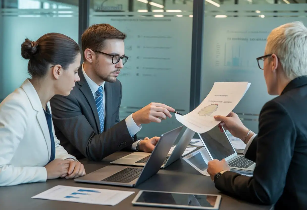 Drie zakelijke professionals bespreken vertrouwelijke documenten aan een vergadertafel in een modern kantoor.