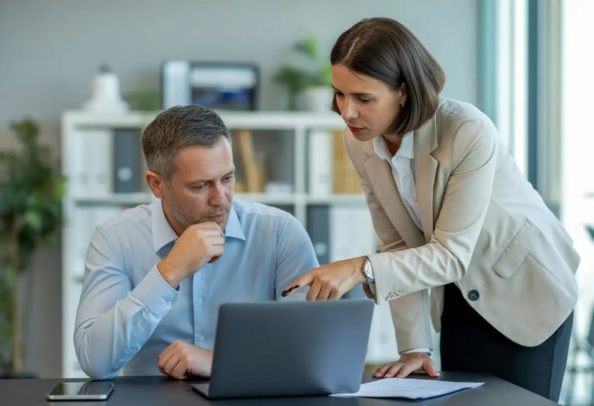 Twee professionals in een kantoor bespreken belangrijke stappen bij een werkgerelateerd probleem.