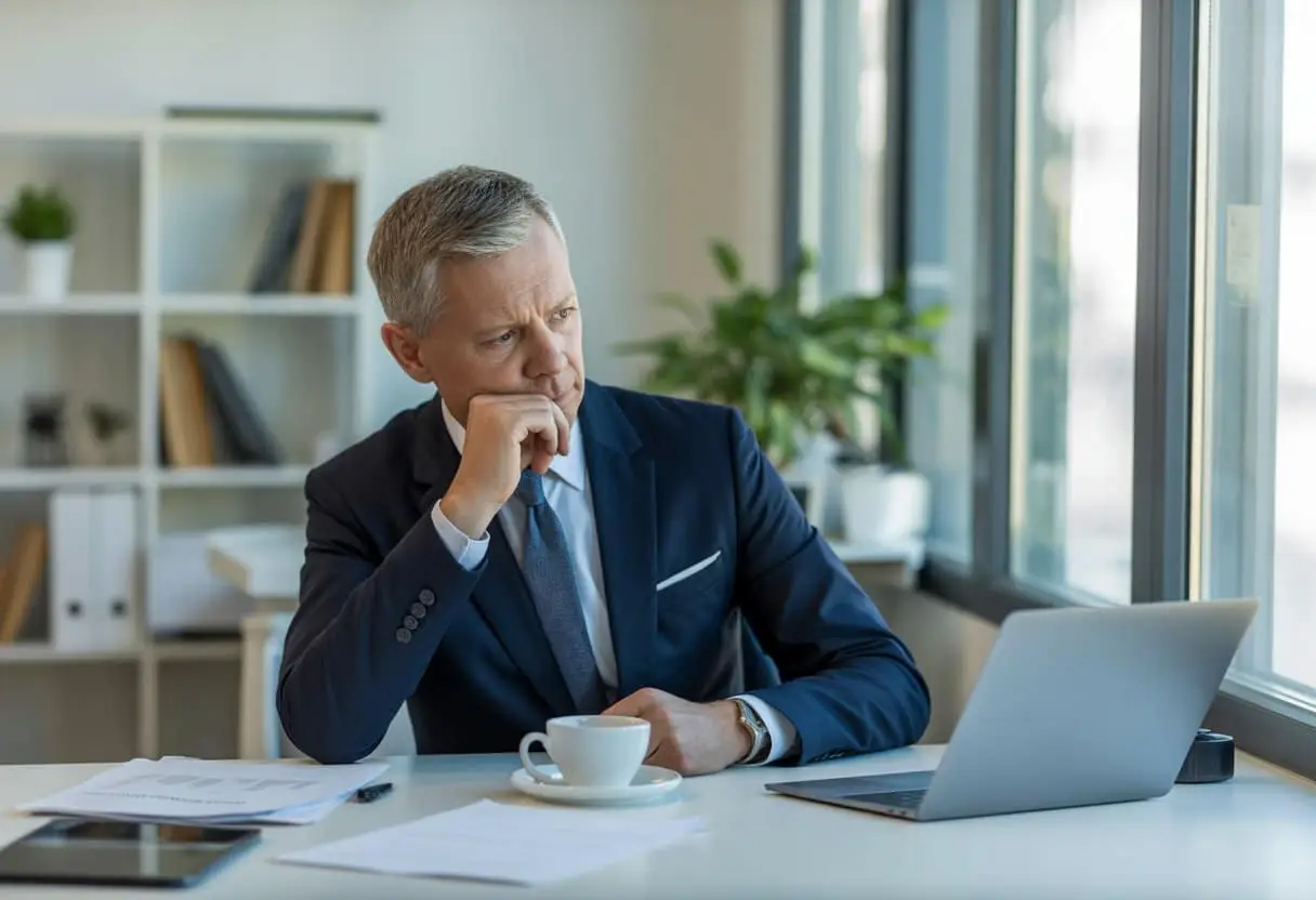 Een nadenkende zakenpersoon zit aan een bureau in een kantoor en kijkt uit het raam.