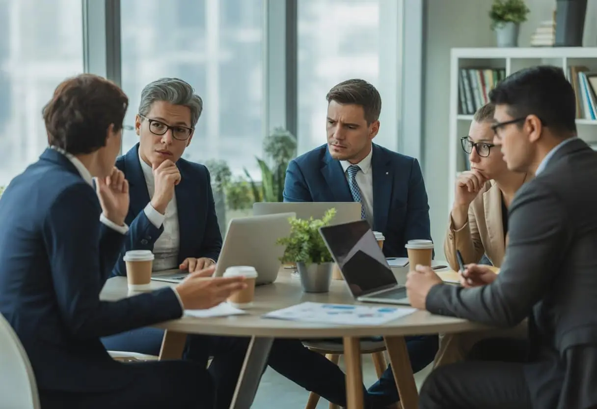 Een groep professionals zit rond een tafel in een kantoor en bespreekt serieus de stappen na het non-actief stellen van een werknemer.