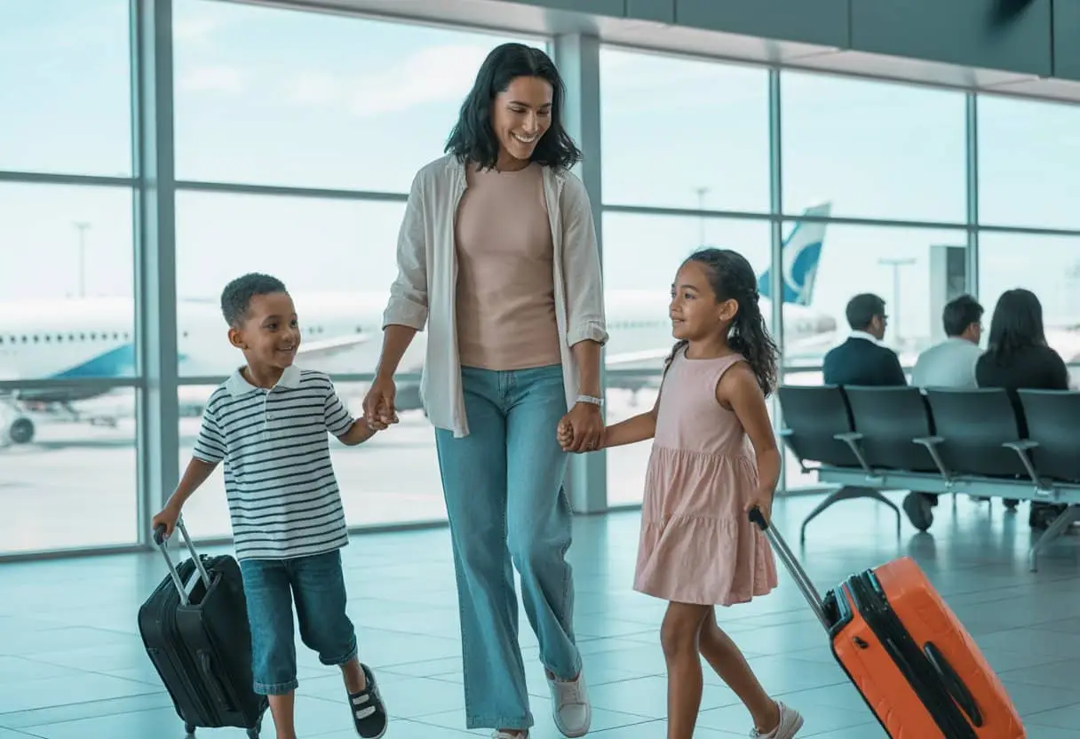 Een alleenstaande ouder loopt met twee kinderen hand in hand door een luchthaven vertrekhal, met vliegtuigen zichtbaar buiten.