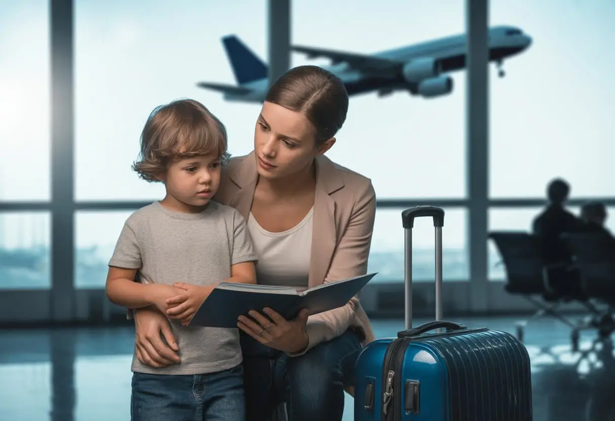 Een ouder en kind staan samen op een luchthaven, de ouder bekijkt reisdocumenten terwijl het kind aan de hand wordt vastgehouden.