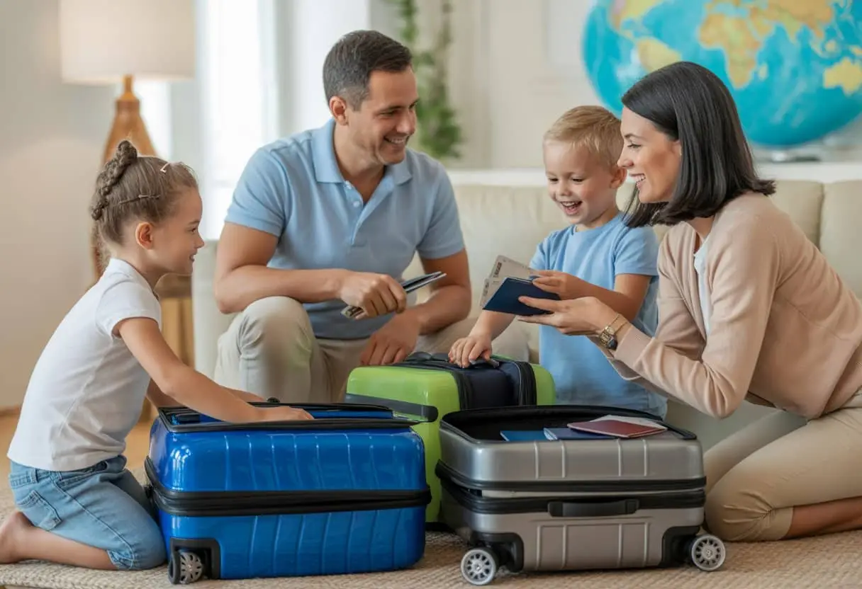 Een gescheiden stel bespreekt samen met hun kinderen de voorbereidingen voor een buitenlandse vakantie in hun woonkamer.