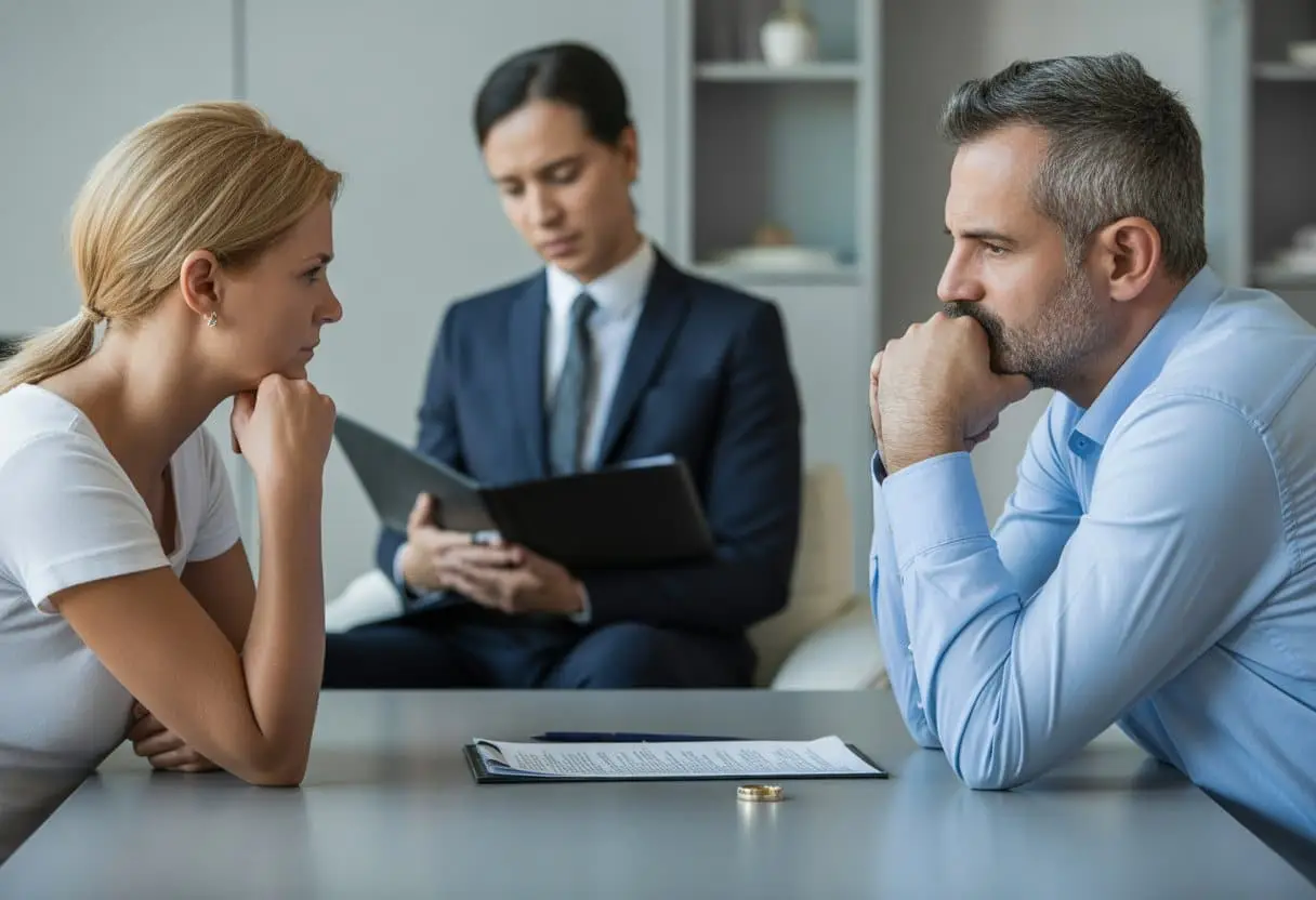 Alleen religieus getrouwd: wat zijn de juridische gevolgen bij een scheiding? 1 Een stel zit aan een tafel met documenten en ringen, terwijl een advocaat hen iets uitlegt.