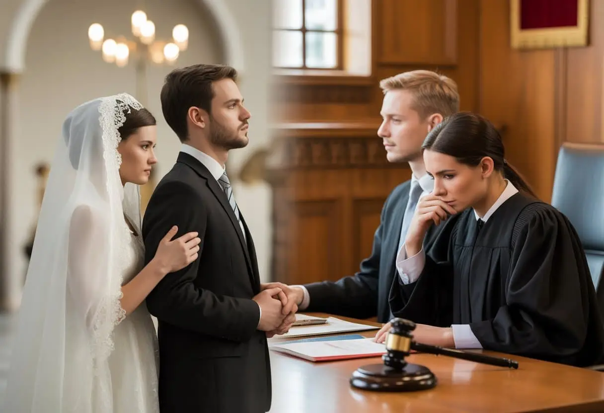 Alleen religieus getrouwd: wat zijn de juridische gevolgen bij een scheiding? 2 Een bruidspaar in religieuze trouwkleding staat in een gebedshuis, naast een rechtszaal met een rechter en juridische documenten.