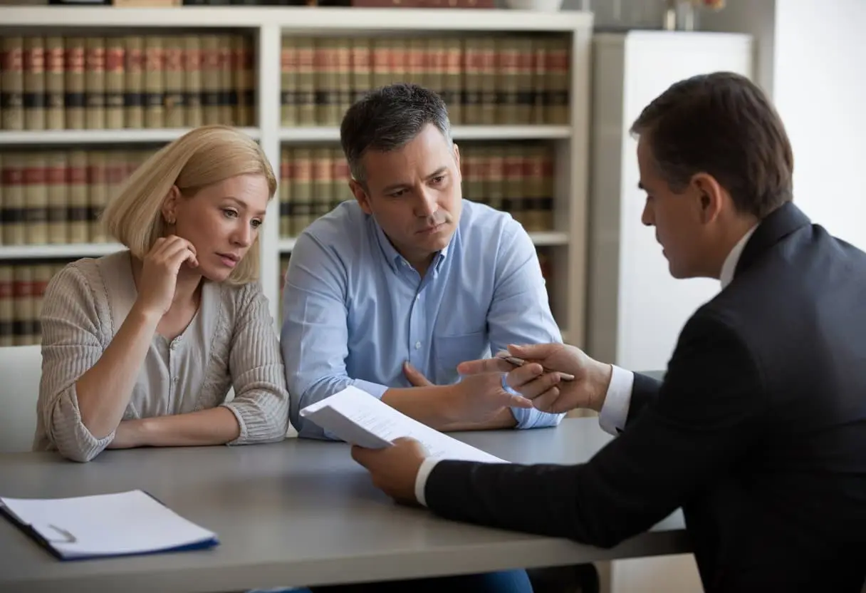 Alleen religieus getrouwd: wat zijn de juridische gevolgen bij een scheiding? 3 Een echtpaar in gesprek met een advocaat in een kantoor over de juridische gevolgen van een scheiding na een uitsluitend religieus huwelijk.