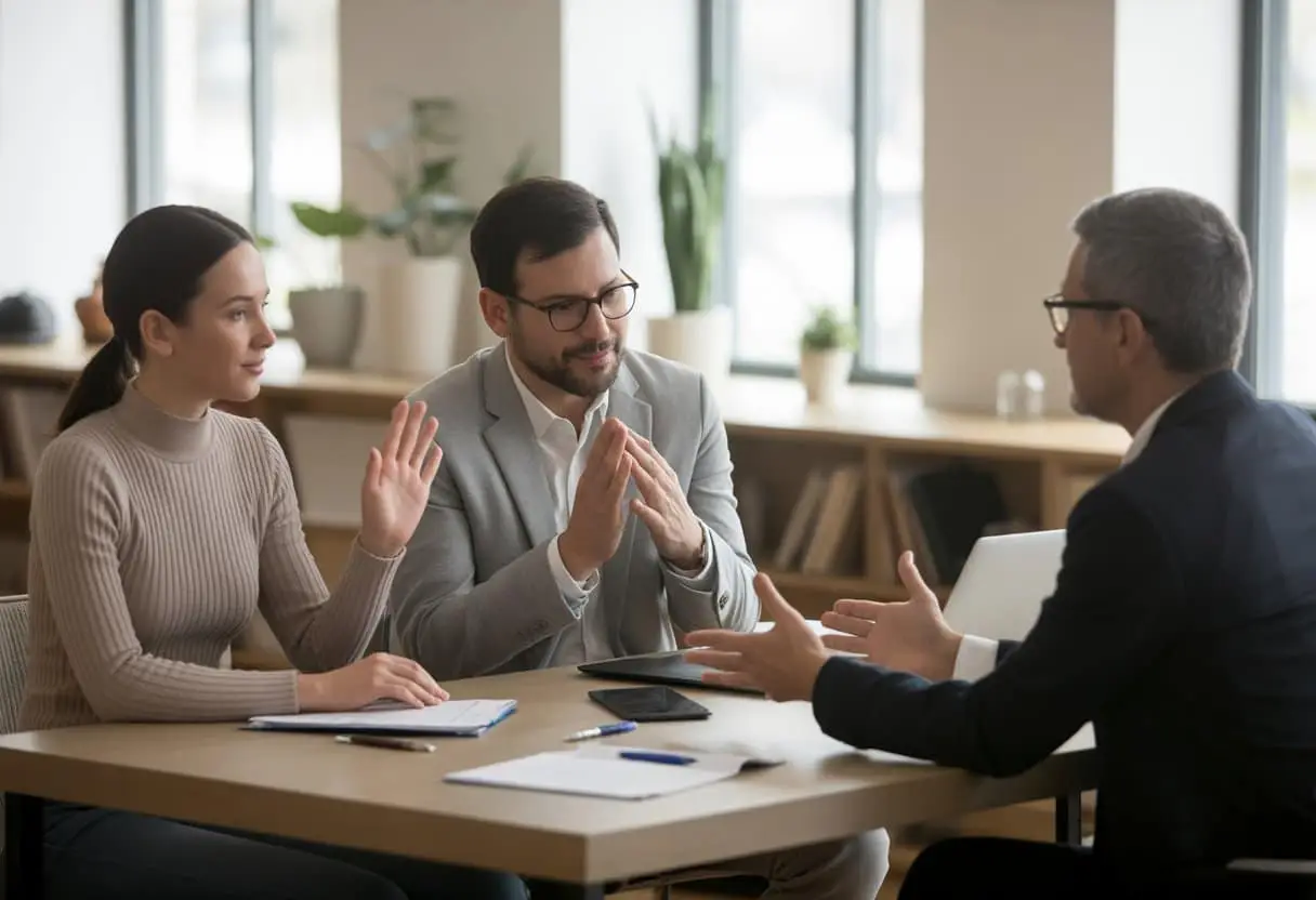 Drie volwassenen zitten aan een tafel in een kantoor en voeren een rustig gesprek over mediation en scheiding.