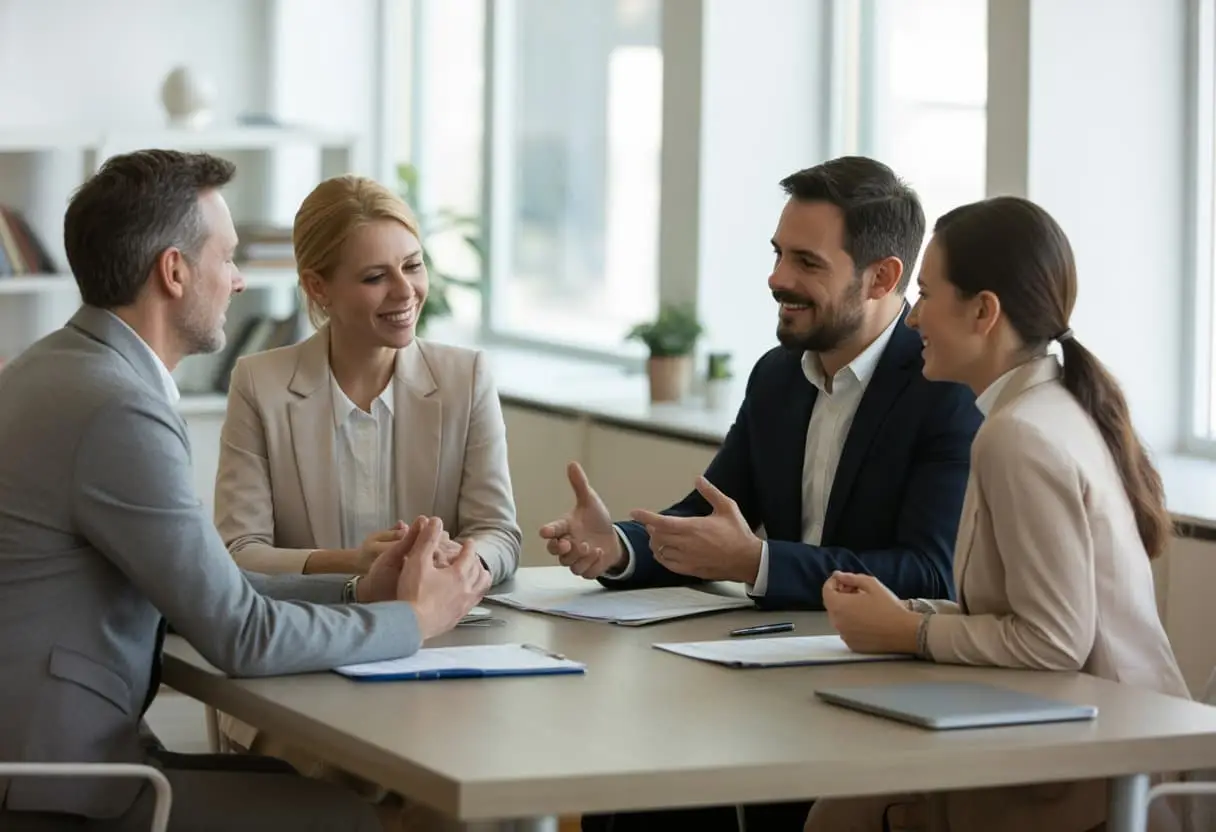 Vier volwassenen zitten aan een tafel in een lichte kantoorruimte en voeren een rustig gesprek over samenwerking bij een scheiding.