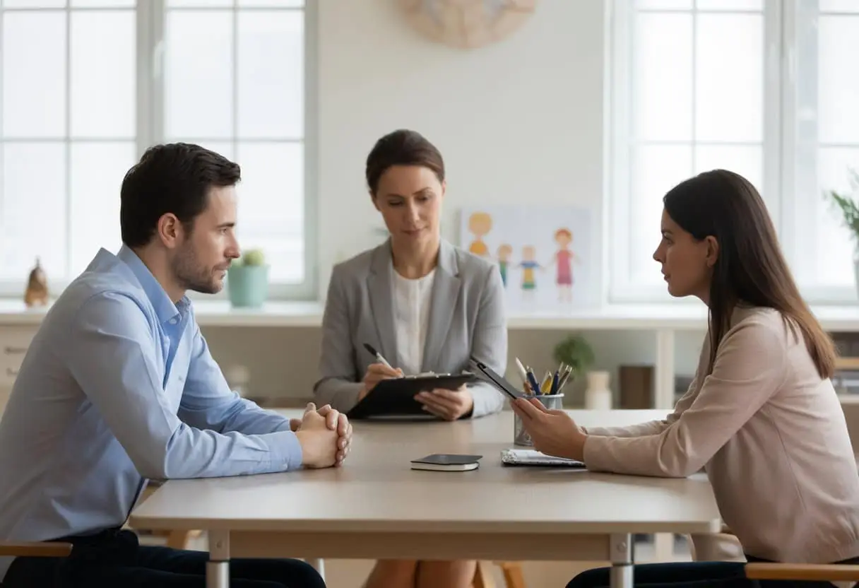 Hoogconflict-scheiding en parallel ouderschap: wanneer biedt het een oplossing? 1 Twee ouders en een bemiddelaar zitten aan een tafel in een kantoor, bezig met een gesprek over co-ouderschap na een scheiding.