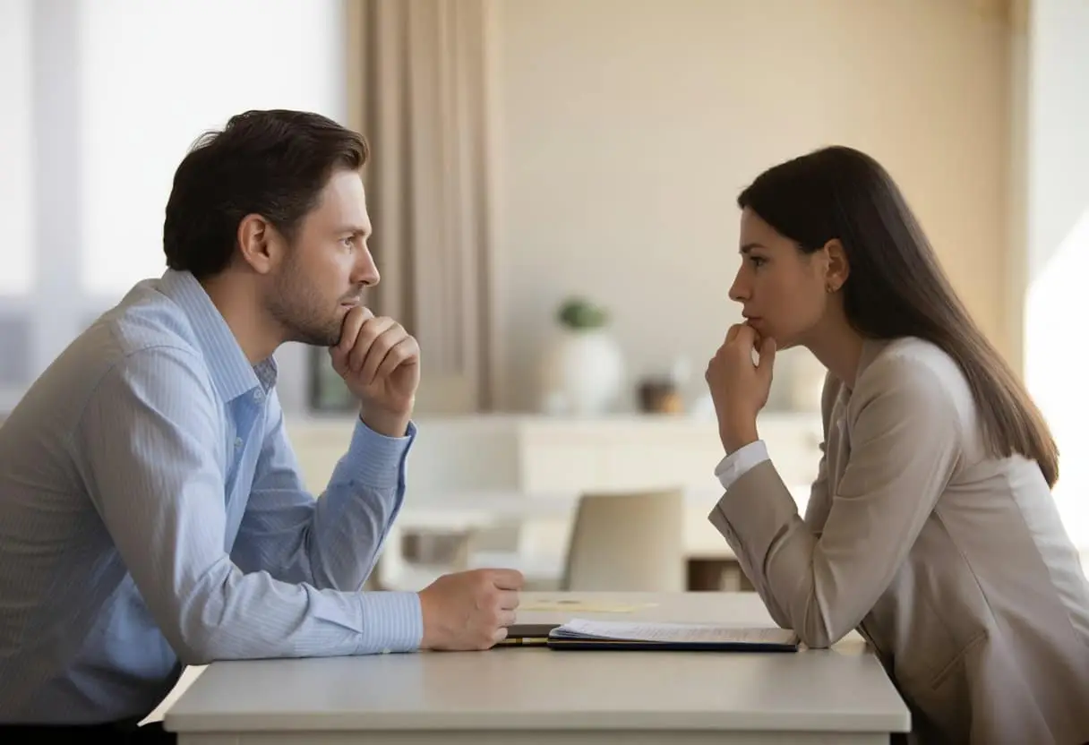Hoogconflict-scheiding en parallel ouderschap: wanneer biedt het een oplossing? 2 Twee volwassenen zitten tegenover elkaar aan een tafel in een kantoor en voeren een serieus gesprek.
