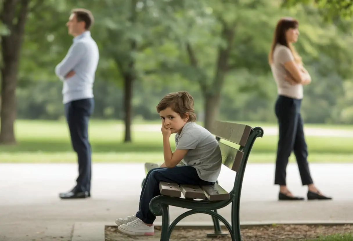 Hoogconflict-scheiding en parallel ouderschap: wanneer biedt het een oplossing? 3 Een kind zit alleen op een bankje in een park, met twee volwassenen op de achtergrond die van elkaar af staan.