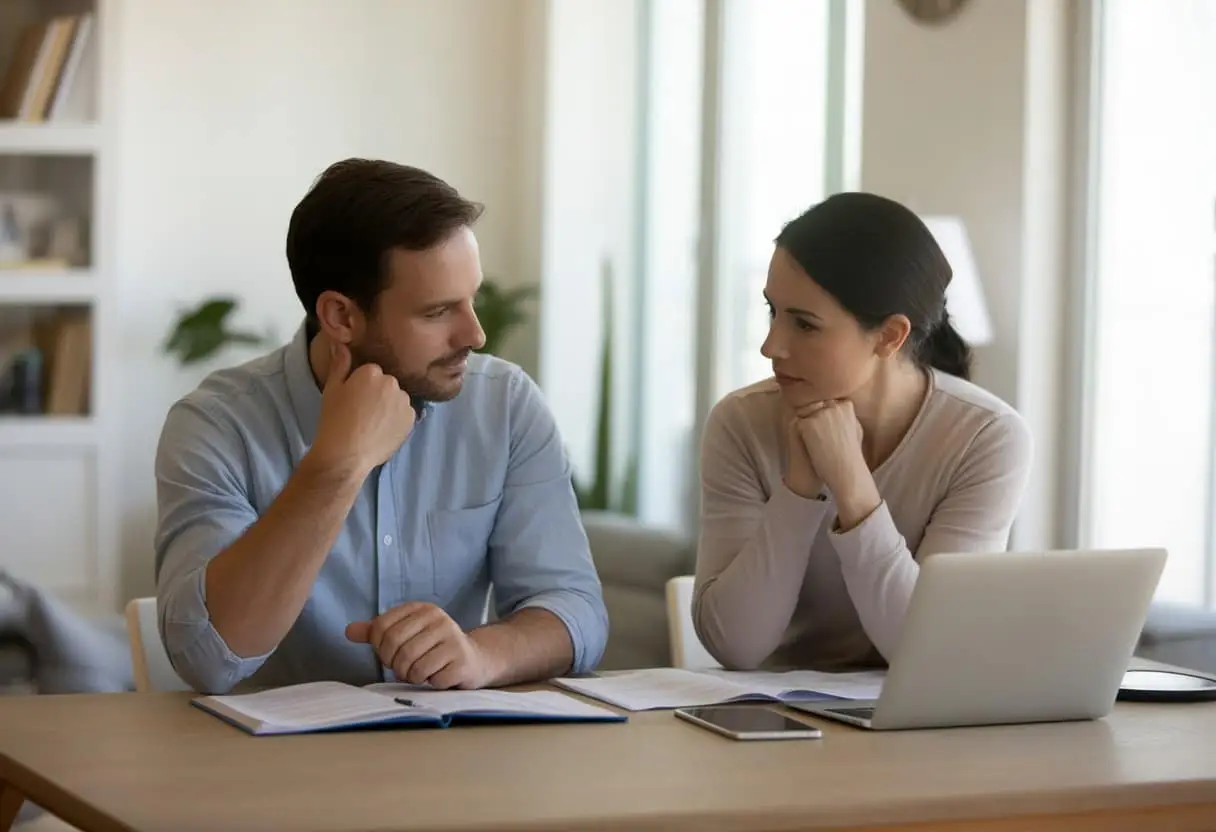 Twee volwassenen zitten aan een tafel en bespreken documenten in een lichte kamer, bezig met het aanpassen van een ouderschapsplan.