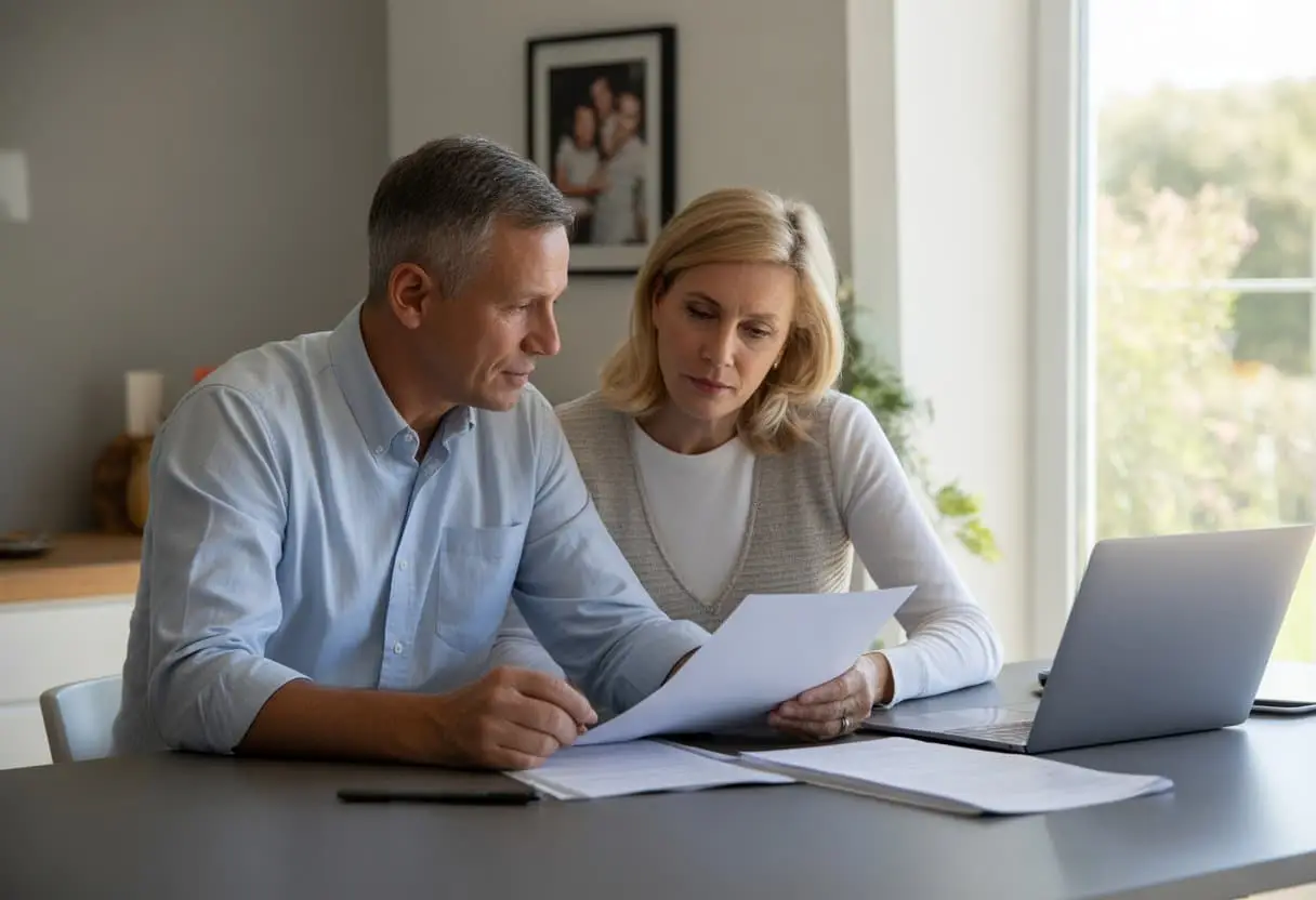 Een stel zit aan een keukentafel en bespreekt samen documenten in een huiselijke omgeving.