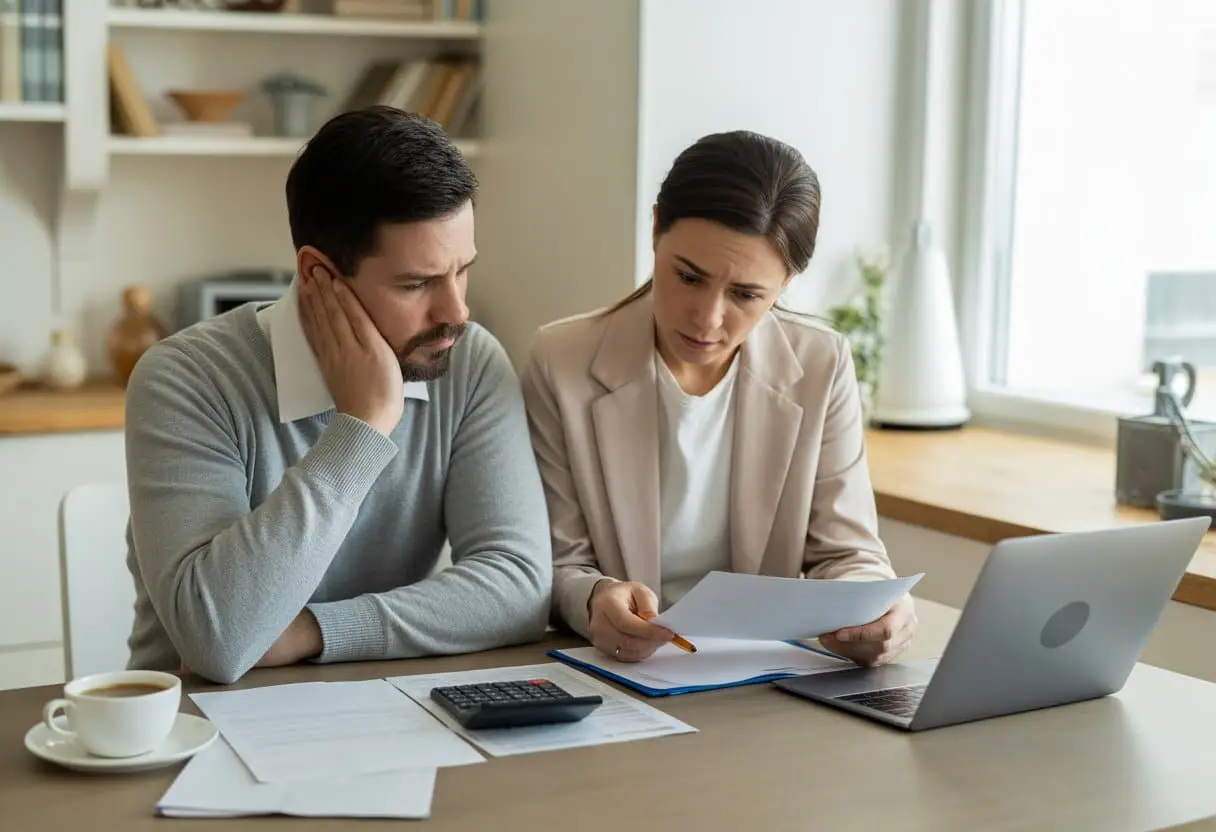Een bezorgd stel zit aan een keukentafel en bekijkt financiële documenten en een laptop.