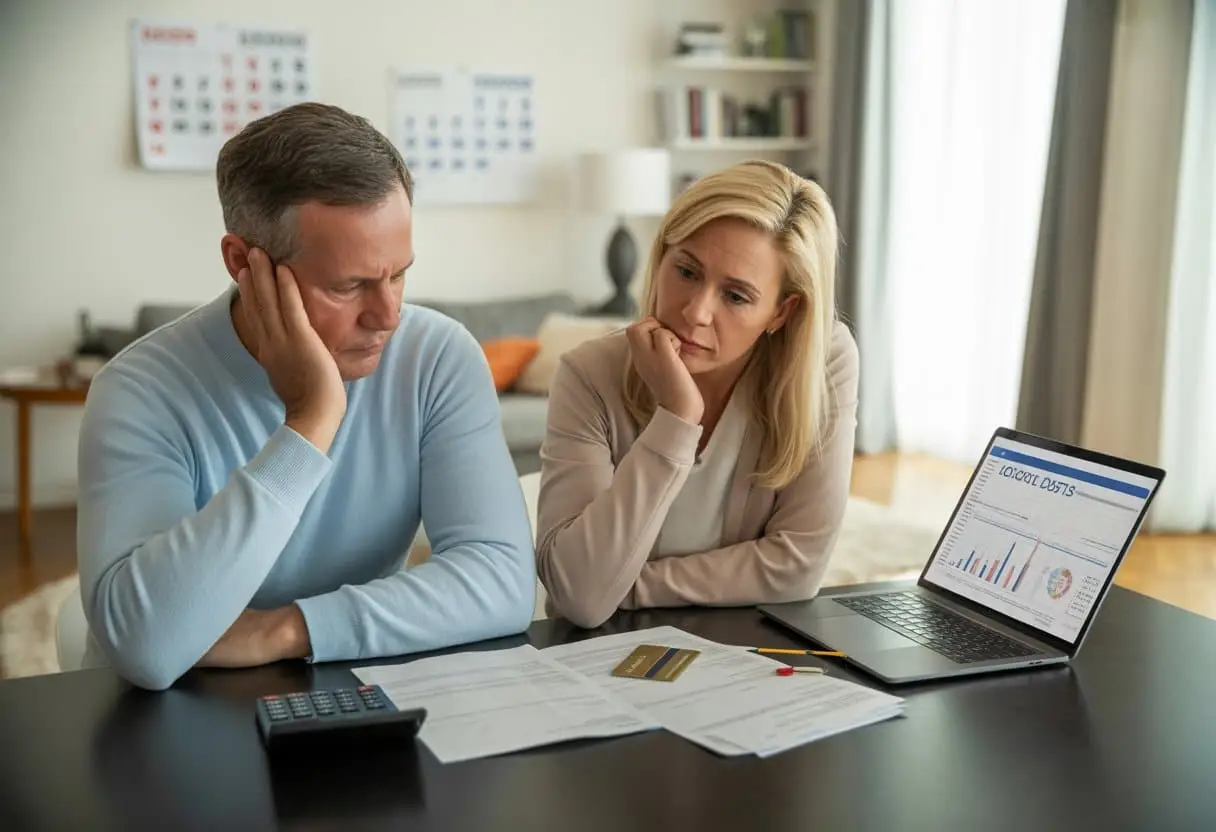 Een stel zit aan een tafel met financiële documenten en een laptop, terwijl ze serieus hun schulden en leningen bespreken.