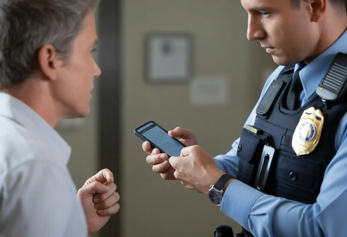 Een politieagent houdt een smartphone vast terwijl een persoon er bezorgd naar kijkt in een binnenruimte.