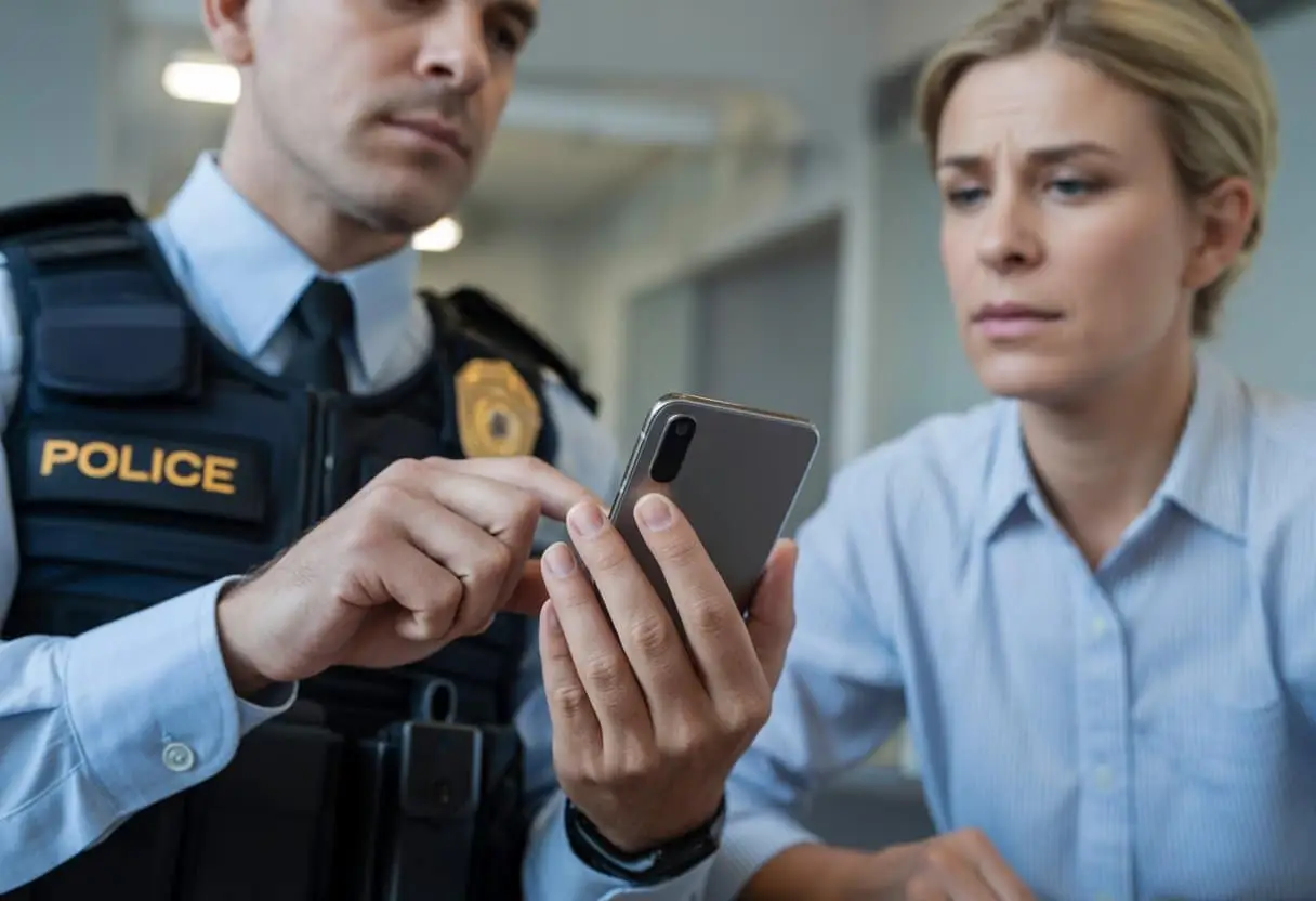 Een politieagent toont een smartphone aan een bezorgde volwassene in een kantooromgeving.