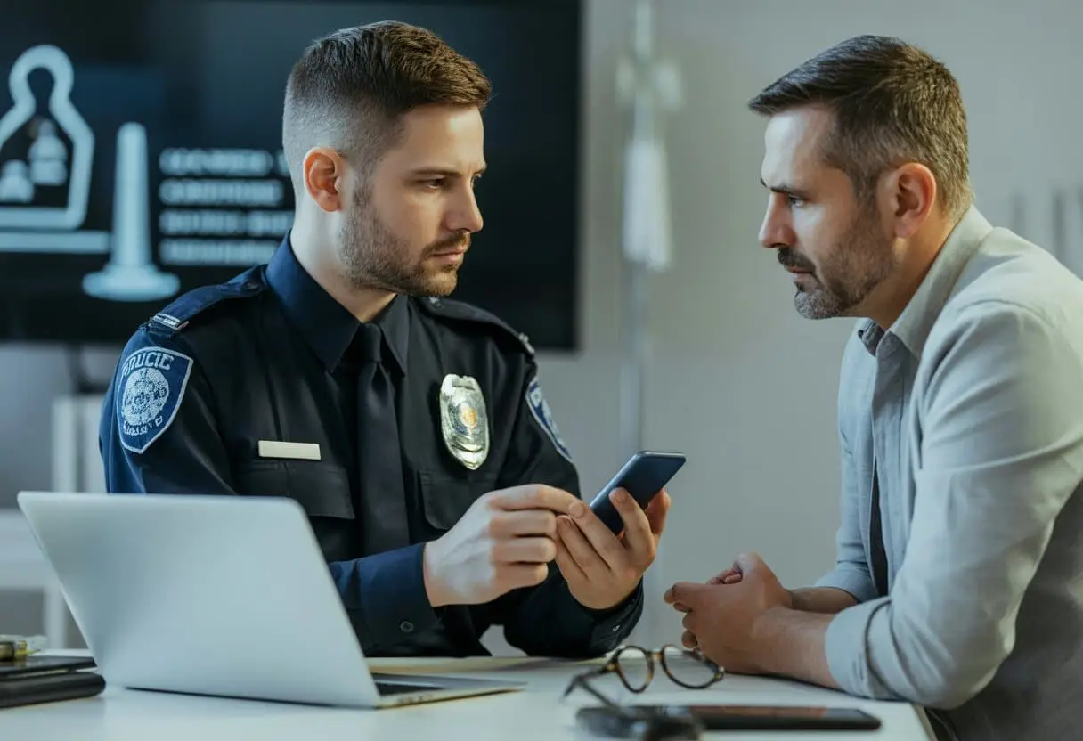 Een politieagent en een burger zitten tegenover elkaar aan een bureau en bespreken iets over een smartphone.