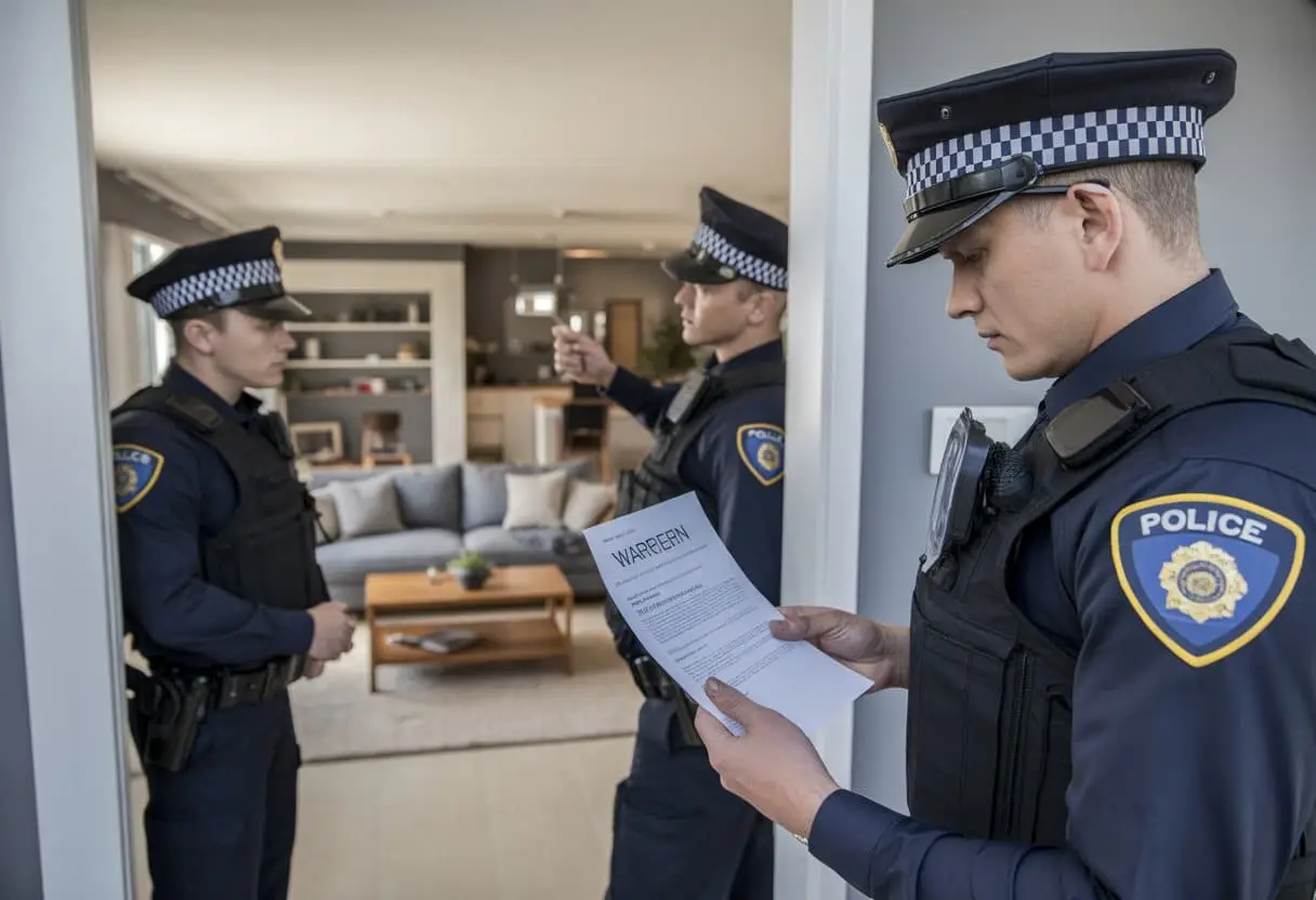 Politieagenten voeren een huiszoeking uit in een nette woonkamer van een woning.