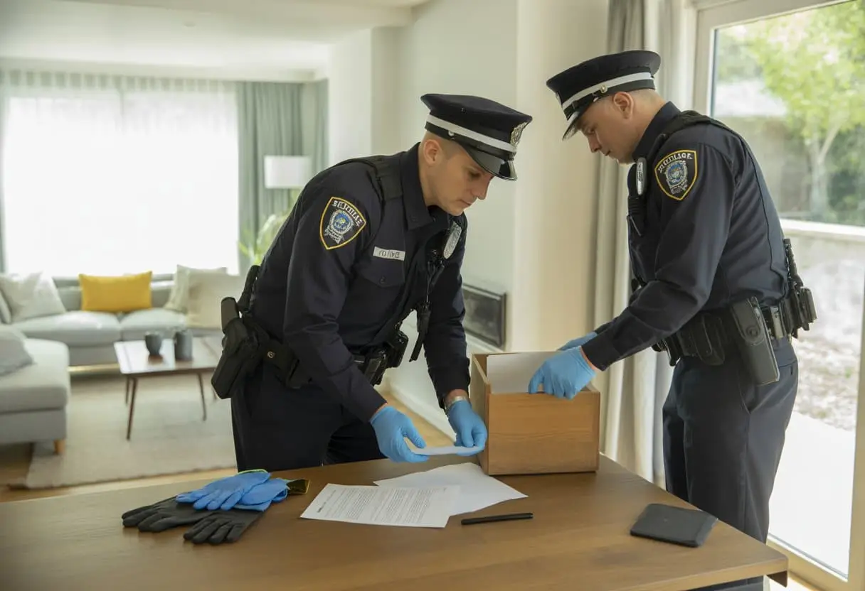 Twee politieagenten voeren een huiszoeking uit in een nette woonkamer, waarbij ze documenten en een lade onderzoeken.
