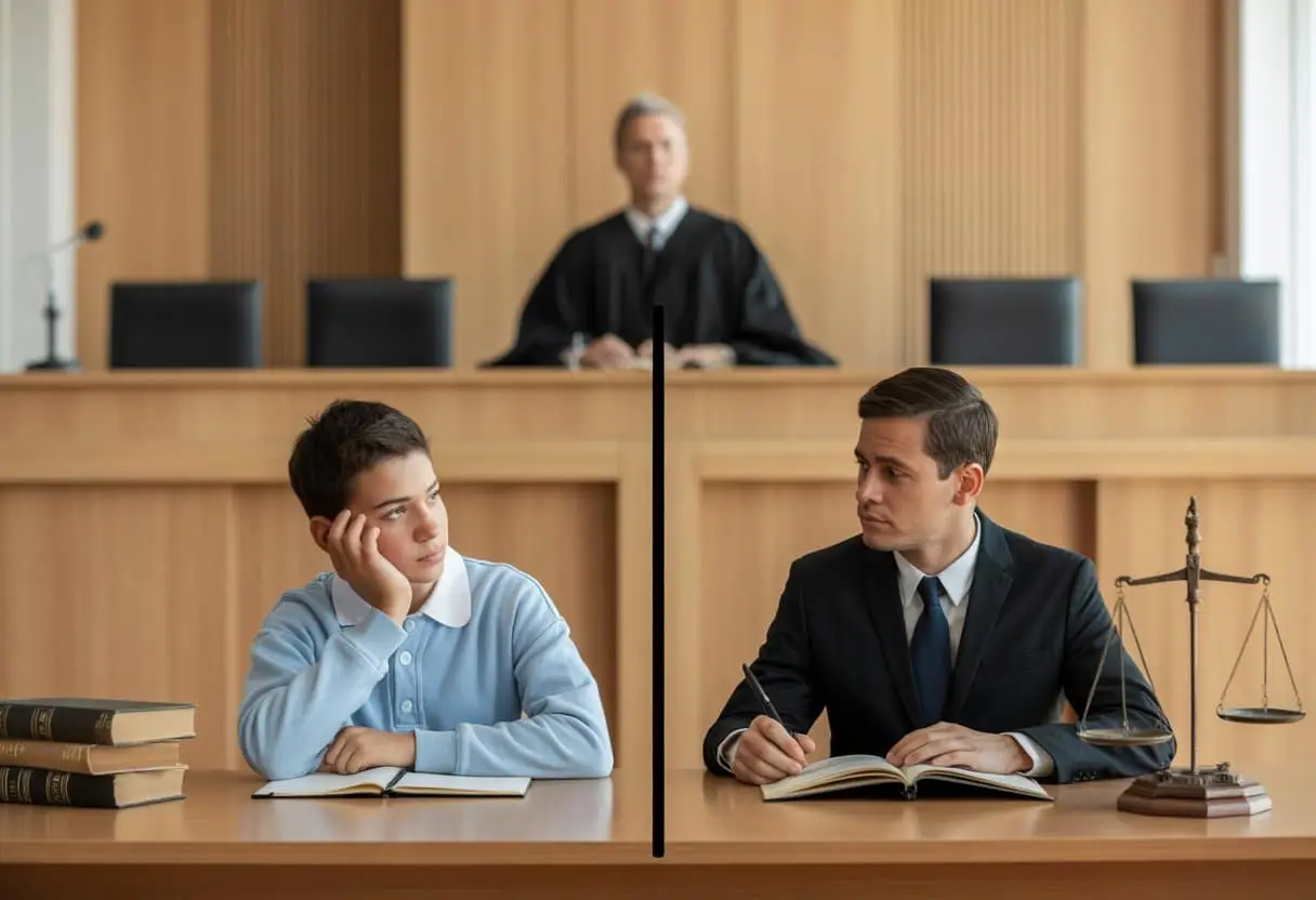 Jeugdstrafrecht of Volwassenenstrafrecht: Waar Ligt de Grens en Wat Zijn de Gevolgen? 3 Een rechtbank met een tiener en een volwassene die elk met een advocaat praten, gescheiden door een symbolische grens in het midden.