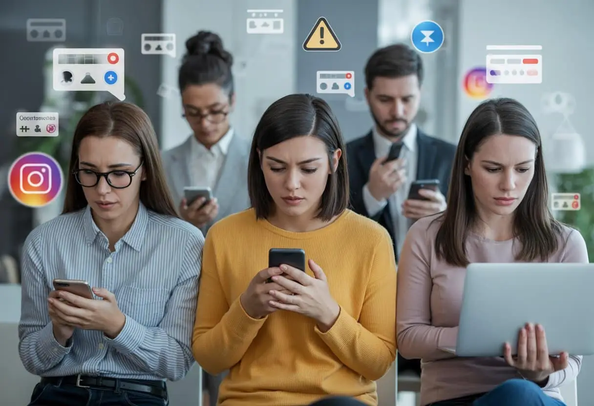 Een diverse groep mensen kijkt bezorgd naar hun telefoons en laptops, met digitale social media-iconen op de achtergrond die online bedreigingen en haatzaaien symboliseren.