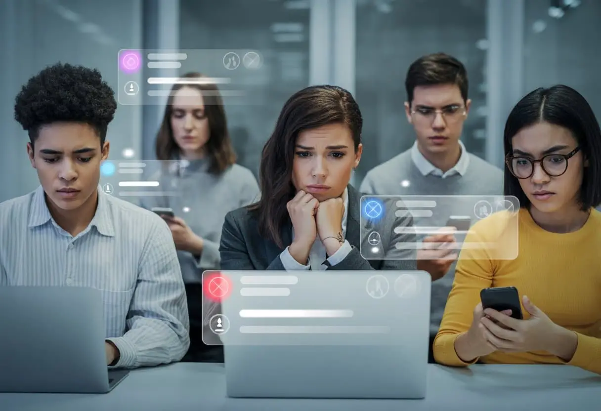 Een groep jonge volwassenen zit in een moderne werkomgeving met laptops en smartphones, ze kijken bezorgd en geconcentreerd terwijl ze sociale media gebruiken.