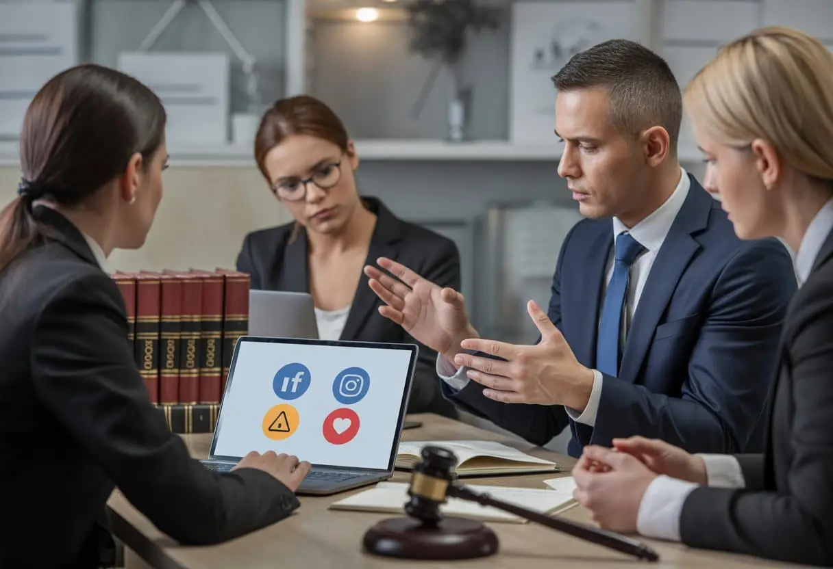 Een advocaat bespreekt juridische criteria met een persoon bij een laptop met social media-iconen in een kantooromgeving.