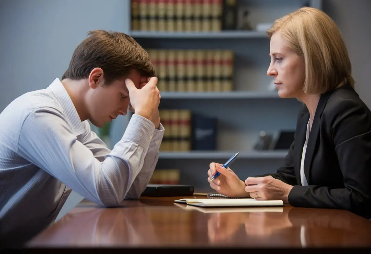 Een gespannen man zit aan een tafel tegenover een vrouwelijke advocaat in een kantoor, duidelijk vermoeid en onder druk tijdens een verhoor.