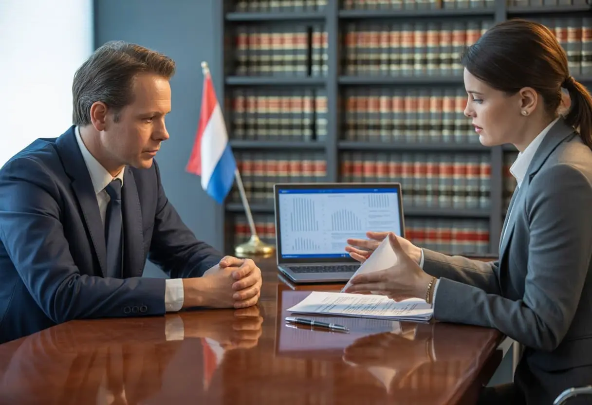 Een man en een vrouw in een kantoor bespreken juridische documenten aan een bureau.