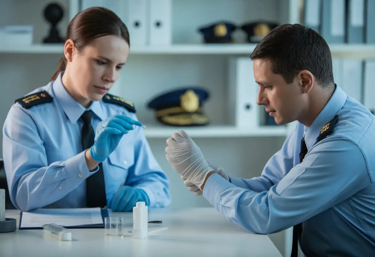 Een wetshandhaver neemt een DNA-monster af van een zittende persoon in een kantooromgeving.