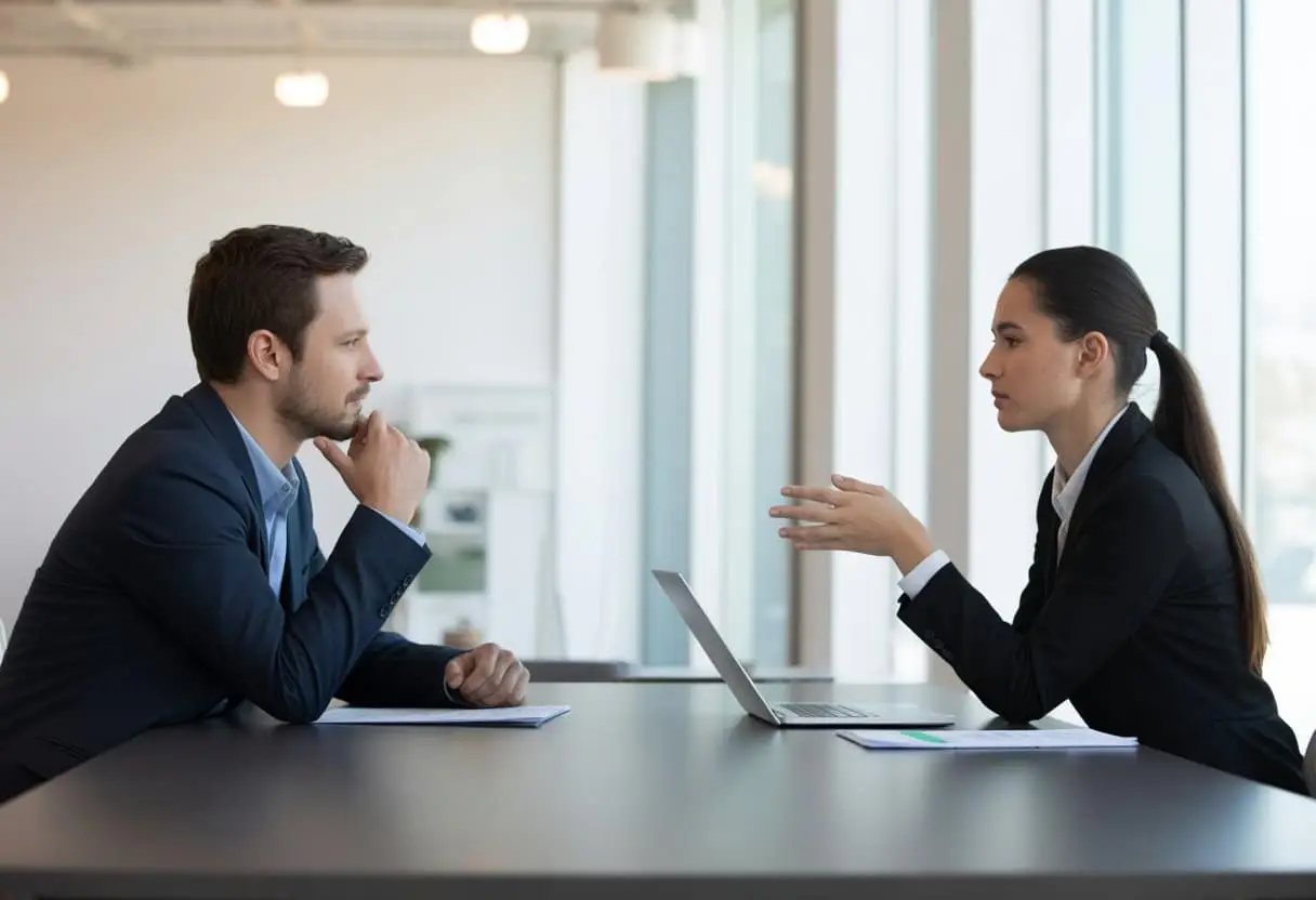 Redelijkheid en billijkheid: wat betekent het nu écht? | Uitleg & toepassing 1 Twee zakelijke professionals zitten aan een vergadertafel en voeren een rustig gesprek in een lichte kantoorruimte.