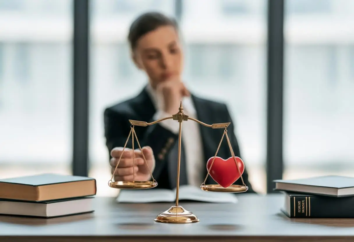 Redelijkheid en billijkheid: wat betekent het nu écht? | Uitleg & toepassing 2 Een weegschaal op een bureau met aan de ene kant juridische boeken en aan de andere kant een hand die een hart vasthoudt, met een nadenkende persoon op de achtergrond.
