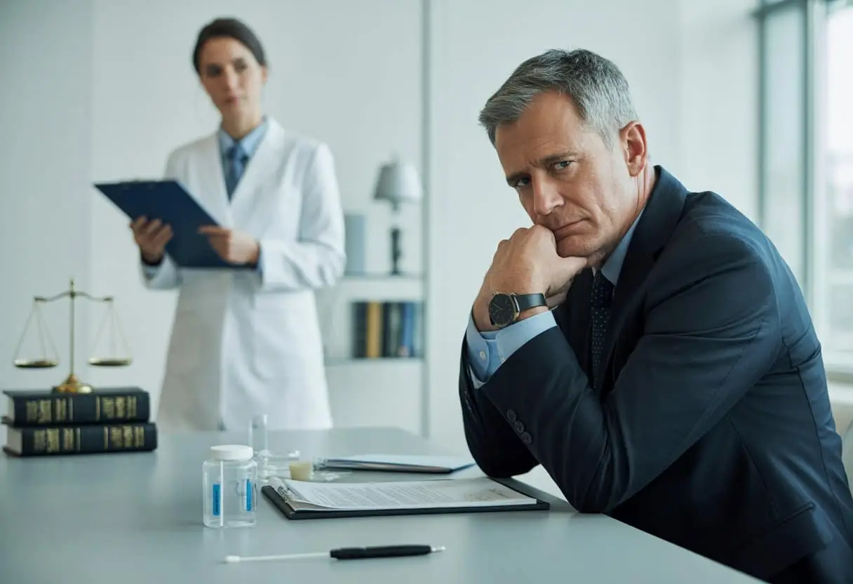 Een man zit in een kantoor en kijkt nadenkend, terwijl een vrouw met een clipboard naast hem staat, met een DNA-testkit op tafel.